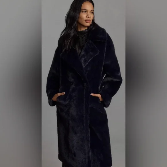 NWT | ANTHROPOLOGIE Avec Les Filles Deep Navy Luxe Faux-Fur Blue Mink Long Coat - Picture 11 of 11